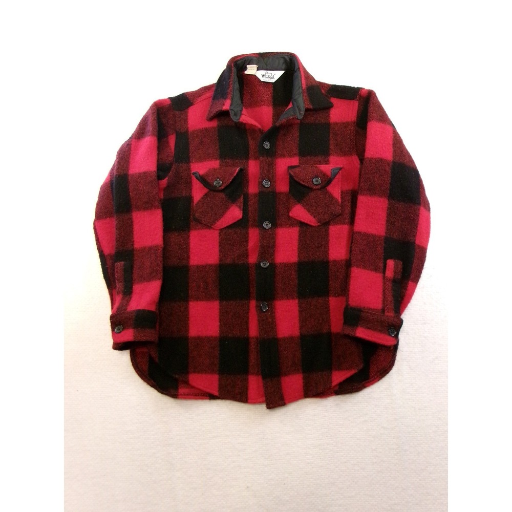 Woolrich Flannel Shirt Mens L Vintage Red Black Buffalo Plaid Wool Blend USA